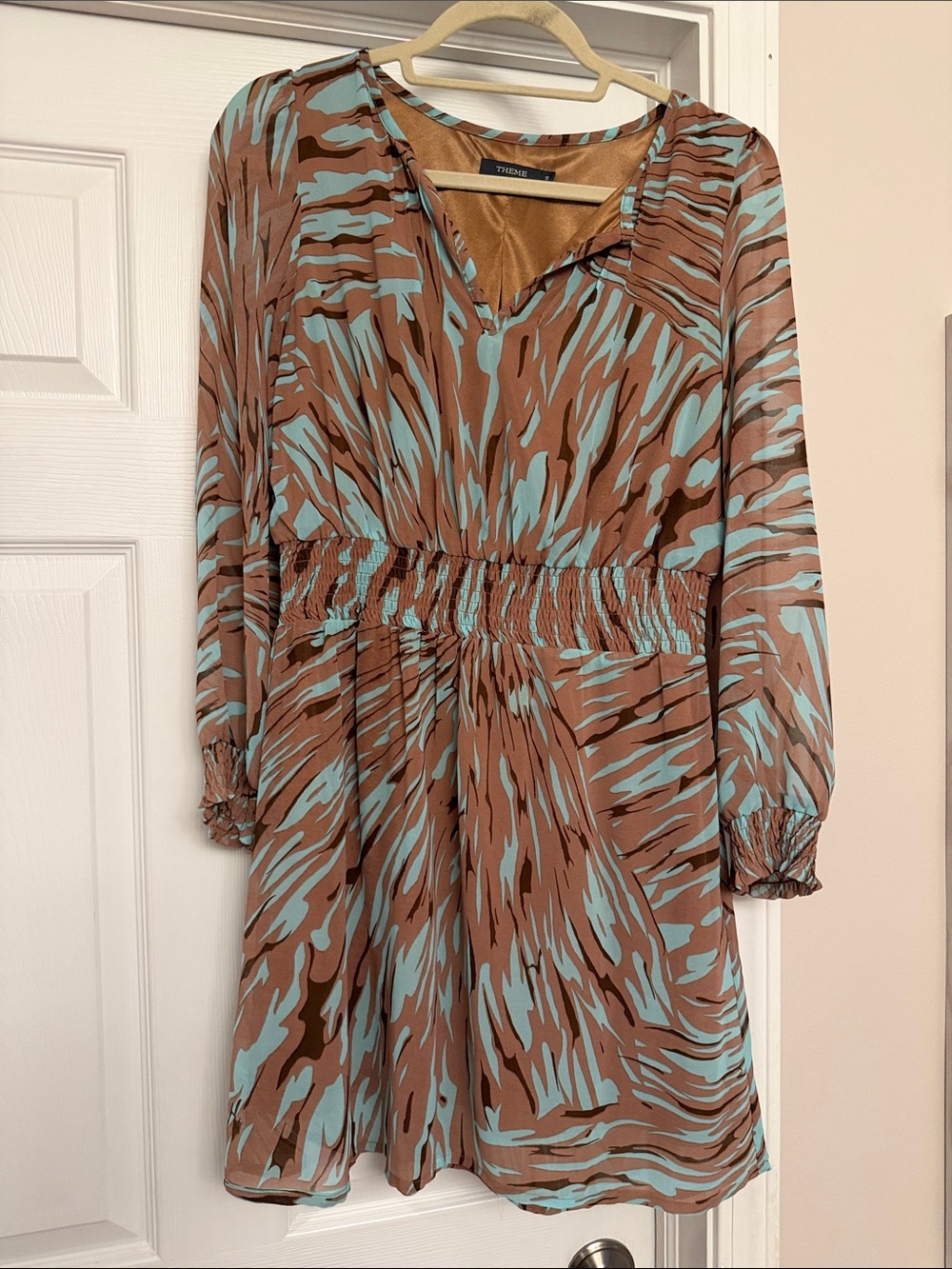 Vince Camuto Brown and Aqua Abstract-Print Long Sleeve Dress